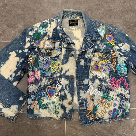Wrangler denim jacket reworked painted bleached western cropped cut off jean - Picture 11 of 13